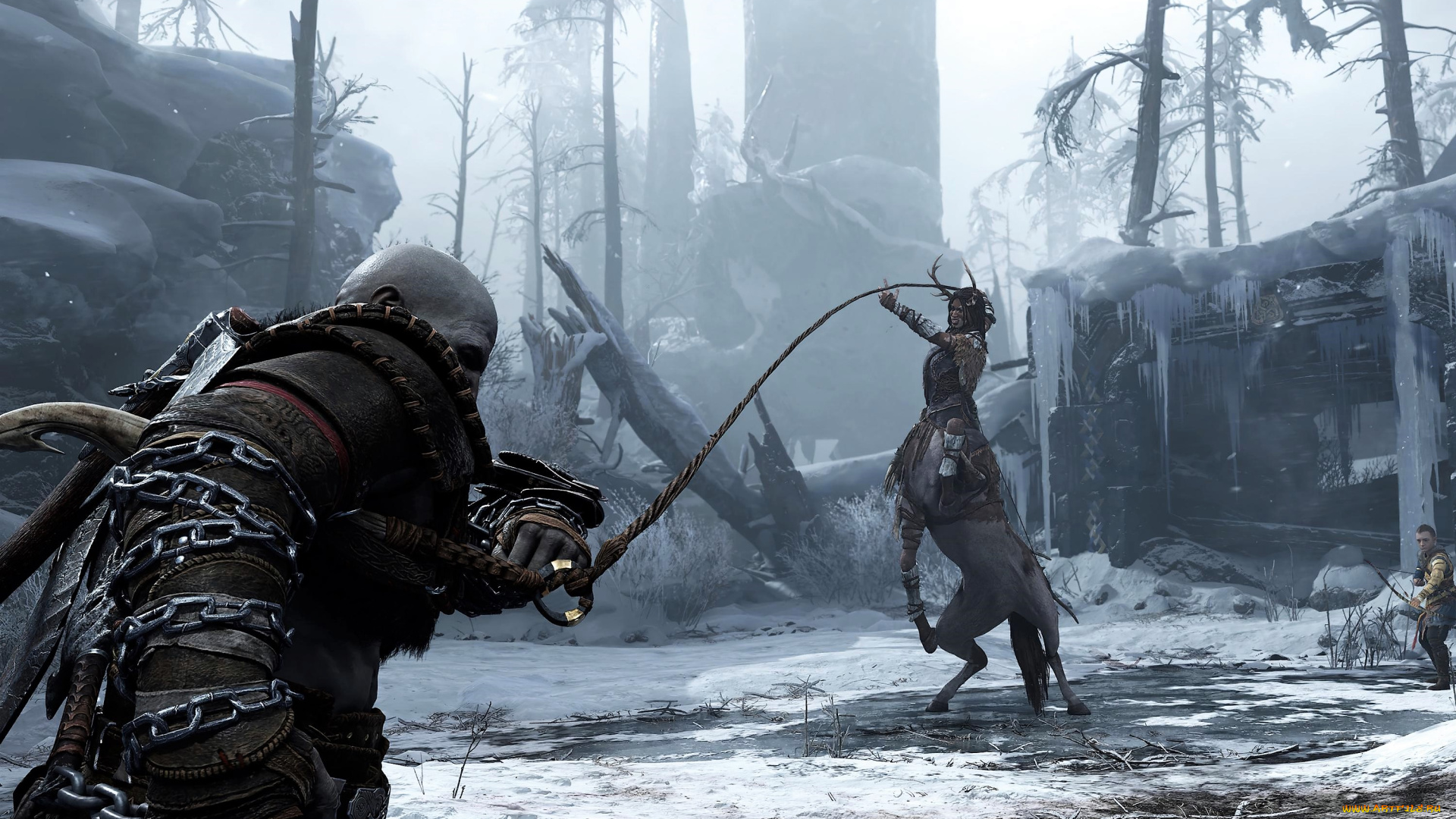 видео, игры, god, of, war, , ragnarok, кратос, цепь, кентавр, поединок, снег