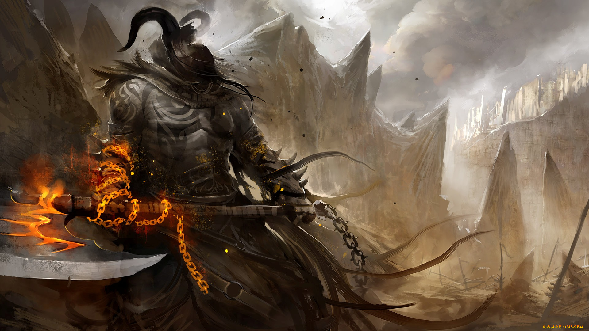 видео, игры, guild, wars, демон, топор, цепь, скалы