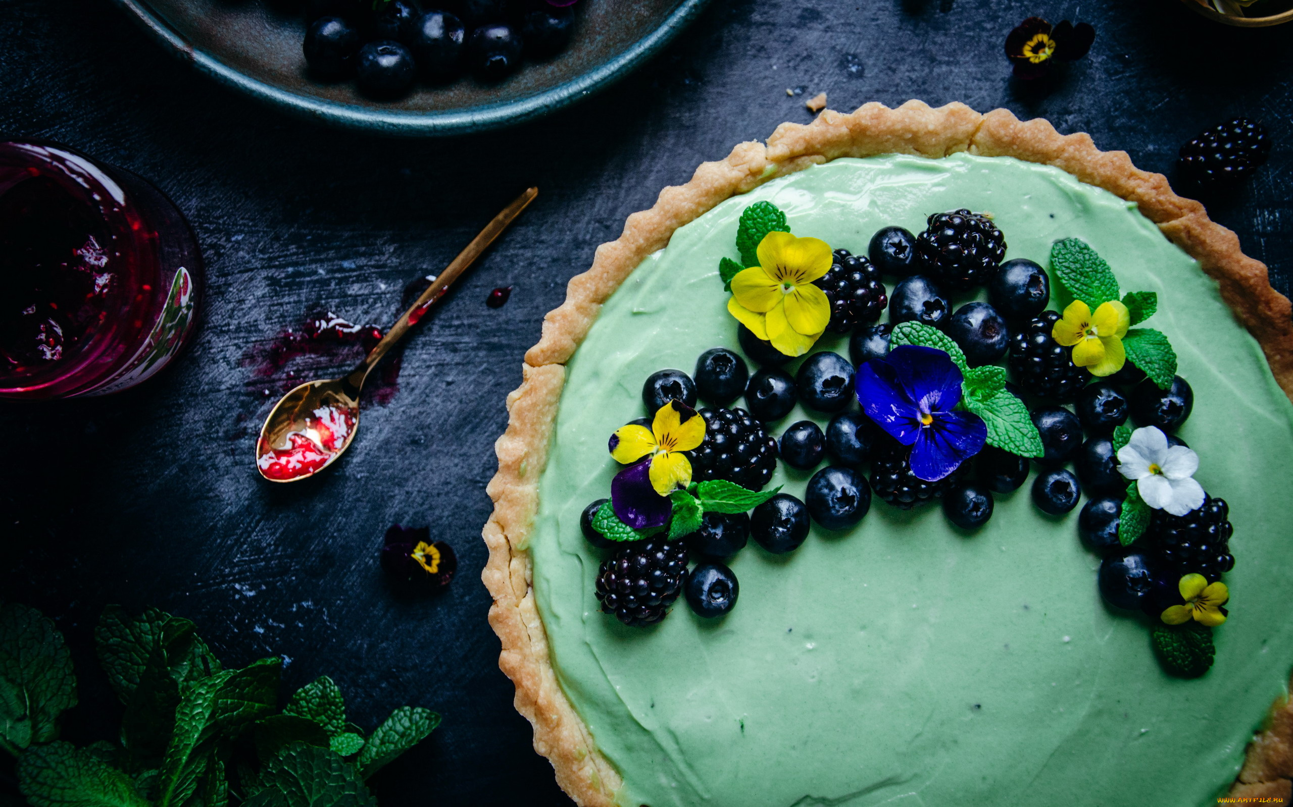 еда, пироги, варенье, пирог, черника, ежевика, ягоды, фиалки