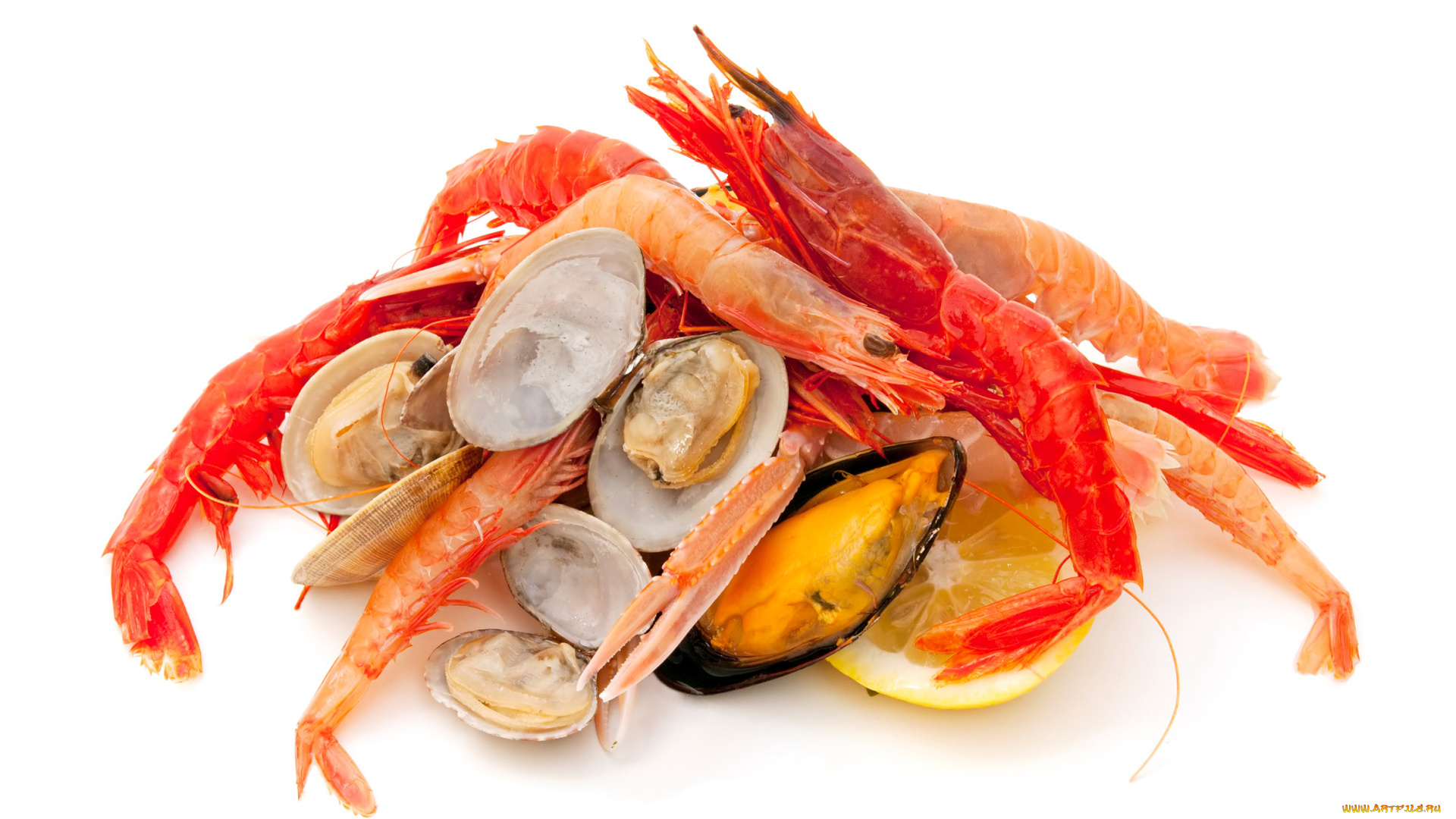 еда, рыбные, блюда, , с, морепродуктами, креветки, мидии, лимон