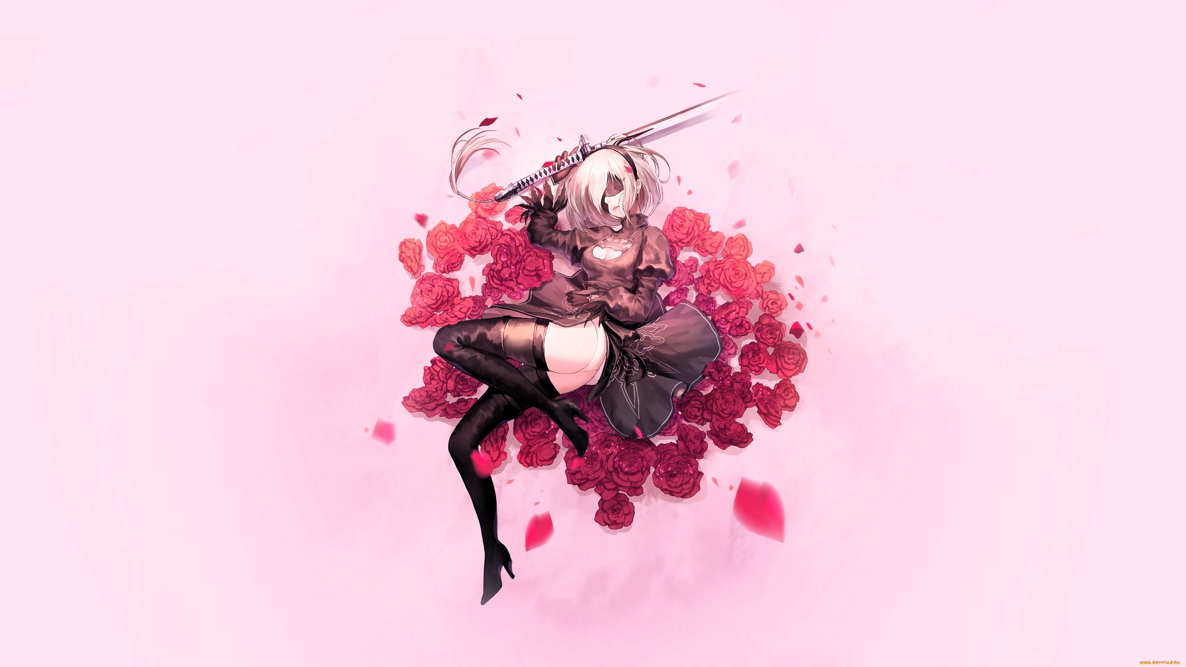 видео, игры, nier, , automata, 2b, девушка, киборг, меч, цветы