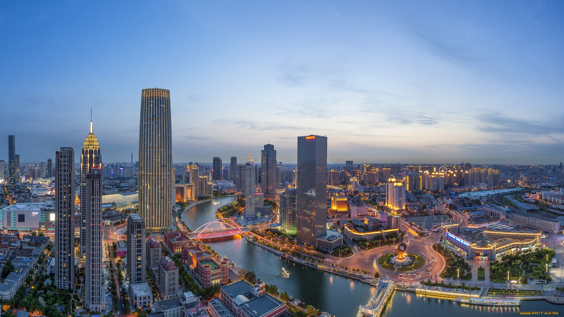 города, -, панорамы, китай, огни, большого, тяньцзинь, река, хайхэ