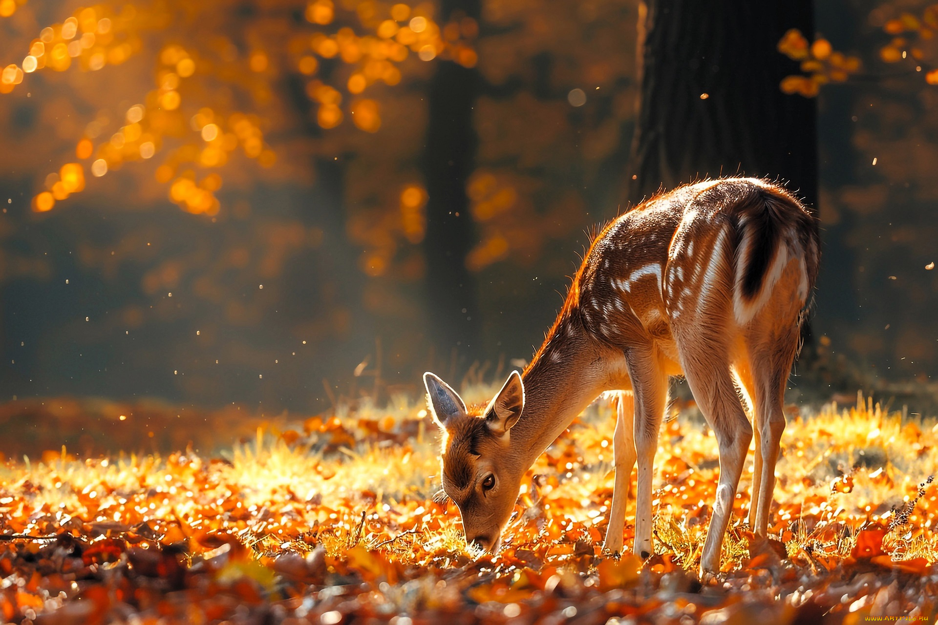 разное, компьютерный, дизайн, олененок, деревья, лес, осень, листья