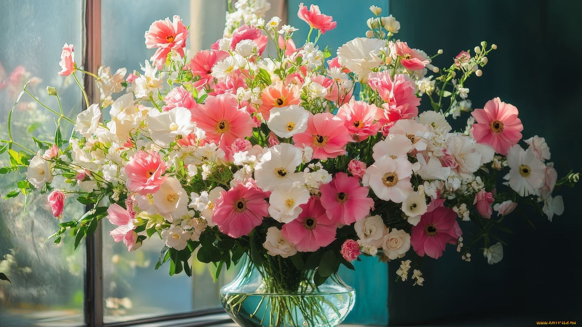 3д, графика, цветы, , flowers, окно, ваза, букет