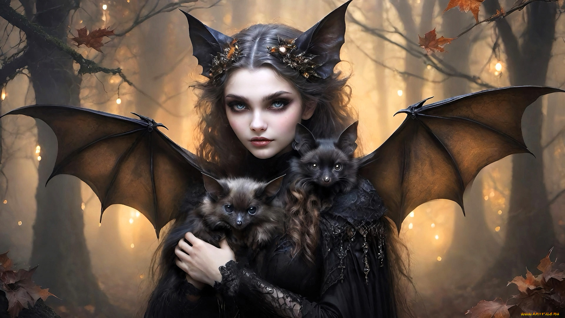 3д, графика, фантазия, , fantasy, девушка, ведьма, ушки, летучие, мыши, лес, осень, листья