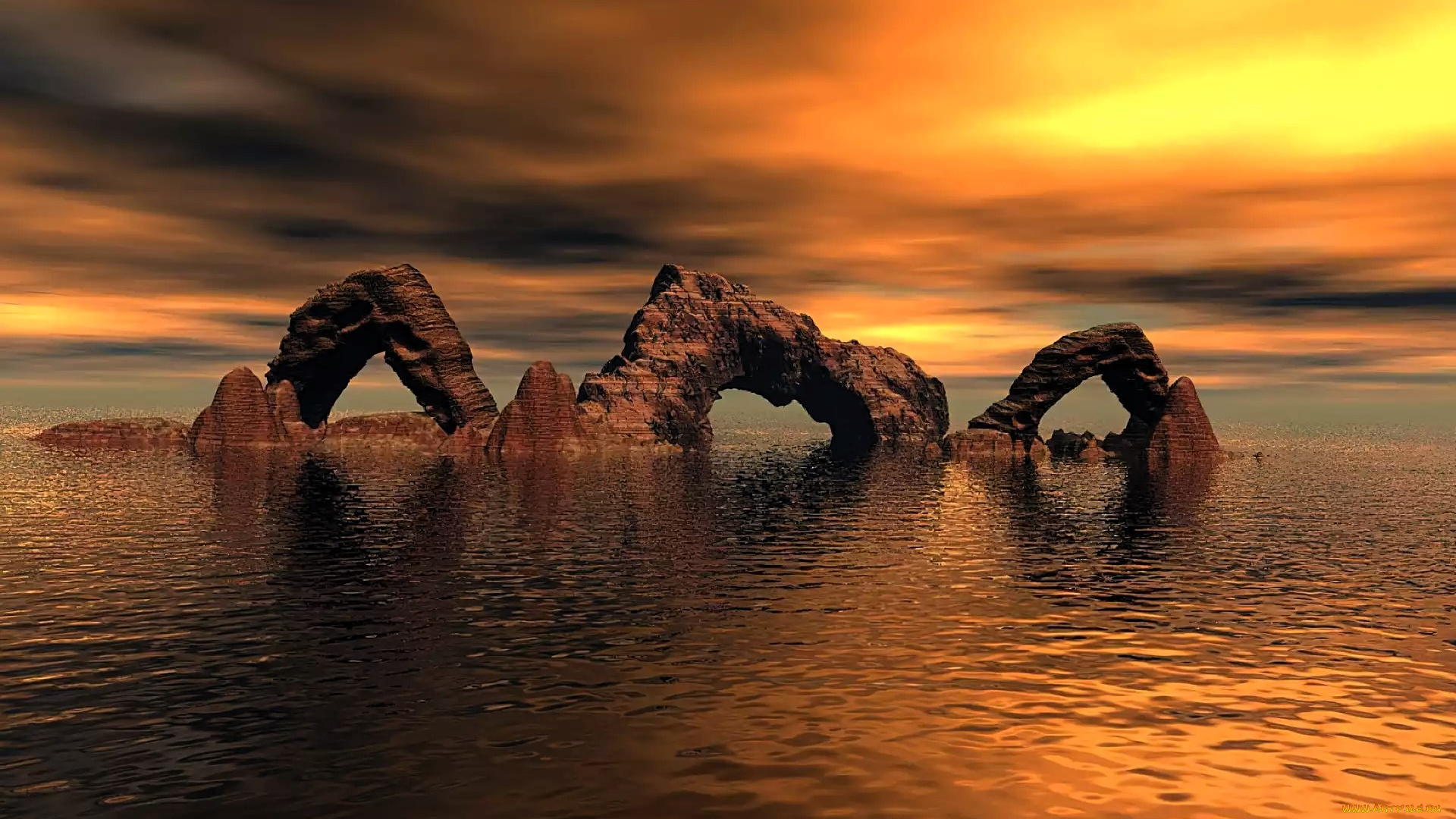 3д, графика, природа, , nature, скалы, арки, камни, море, закат