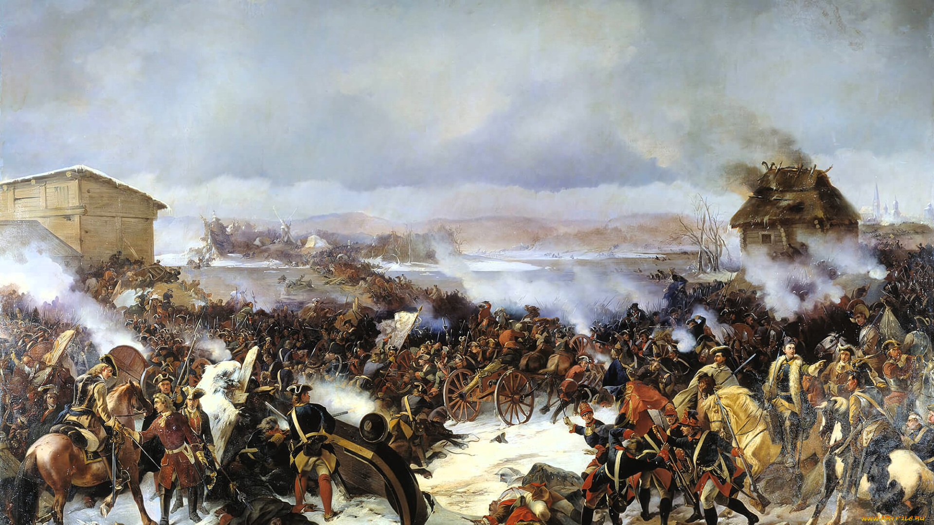 битва, при, нарве, рисованное, александр, коцебу, бой, сражение, войска, армии, дым, орудия, снег