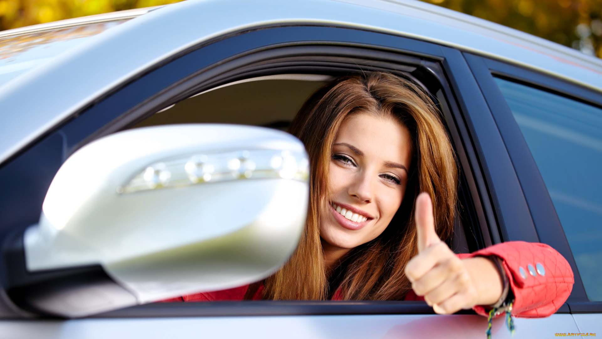 девушки, izabela, magier, шатенка, лицо, улыбка, жест, окно, машина, осень