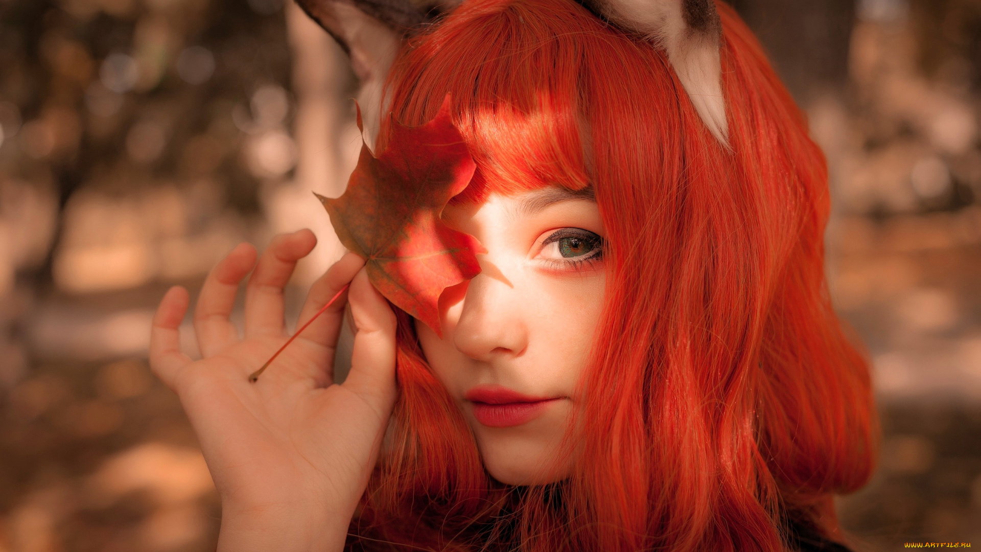 девушки, tenletters, образ, косплей, костюм, рыжая, ушки, листок, осень