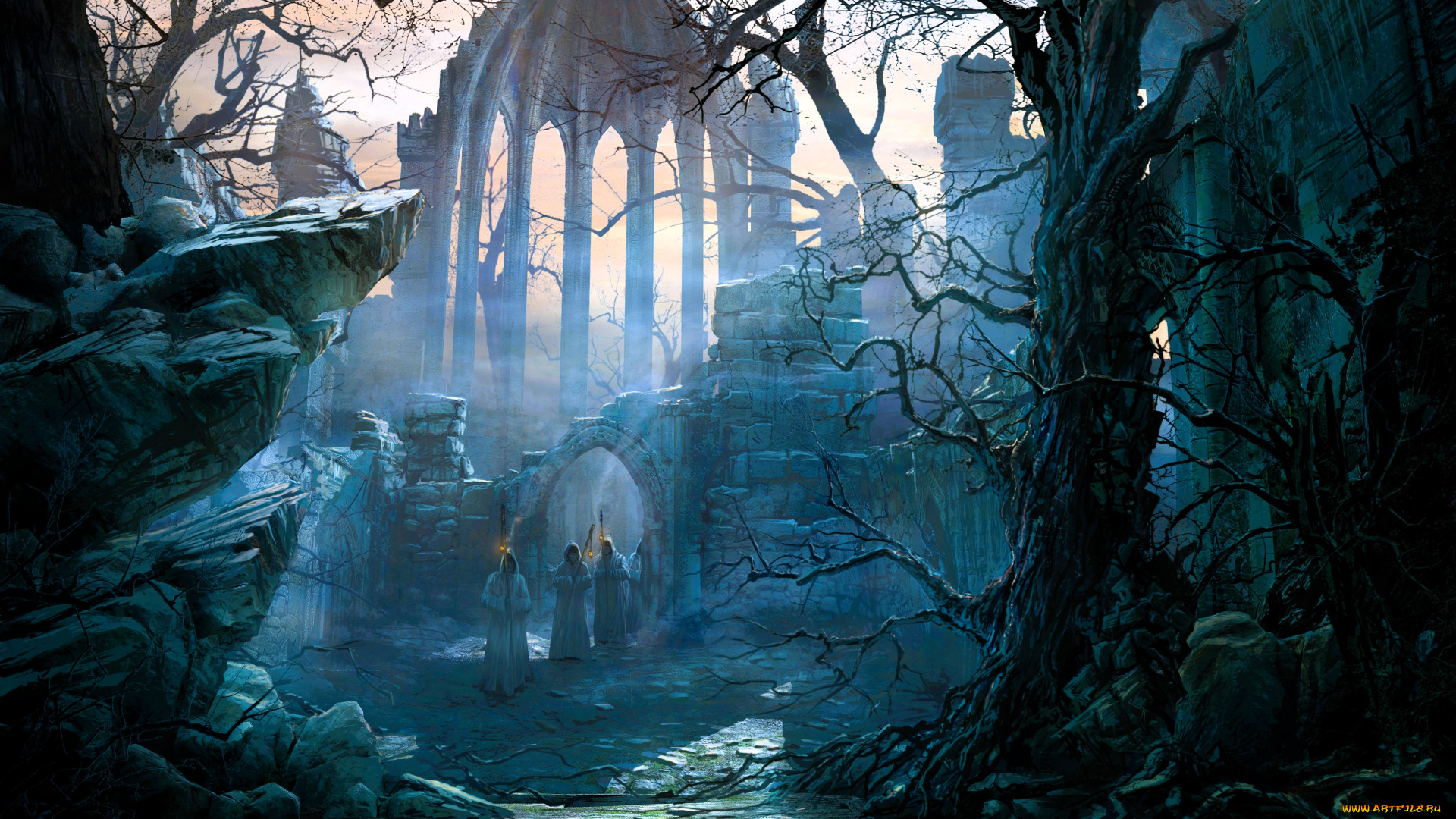 фэнтези, _lord, of, the, rings, развалины, храм, люди, факелы, церемония, деревья