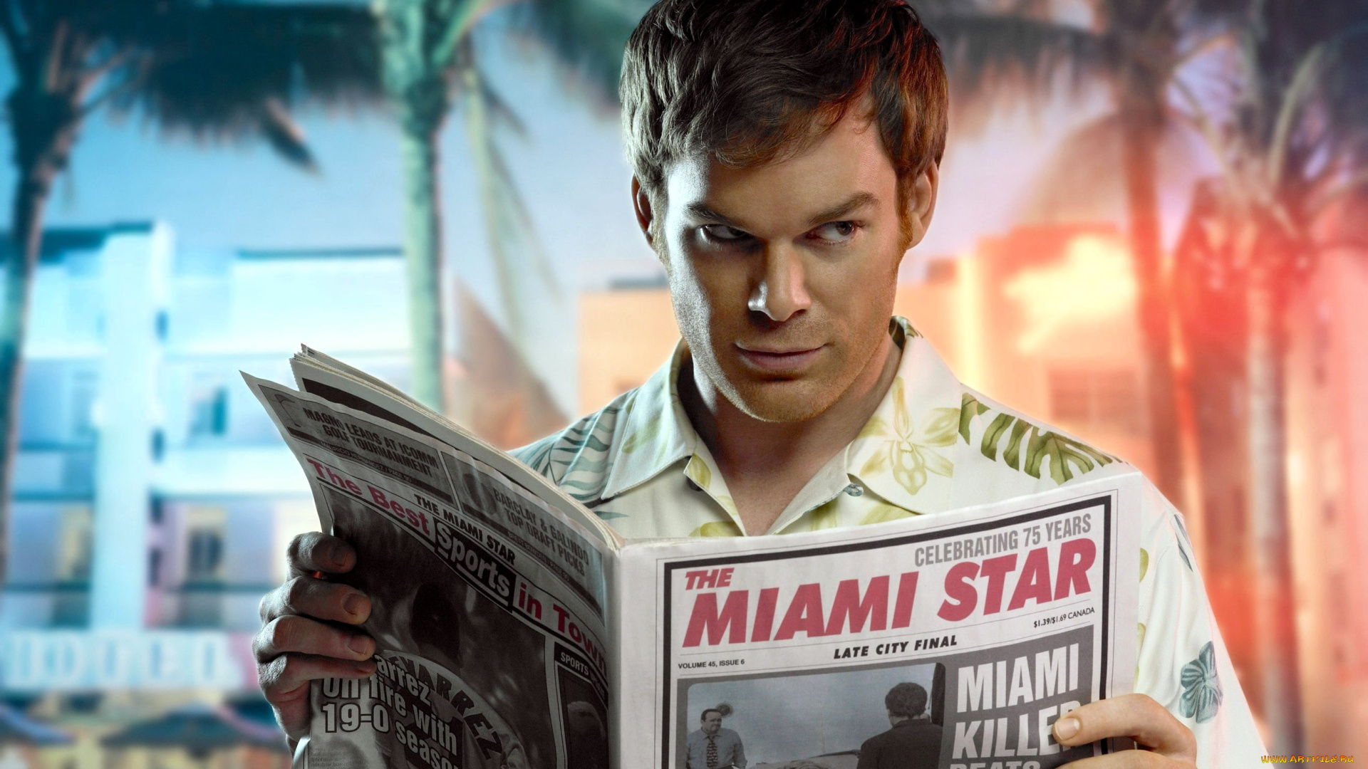 кино, фильмы, dexter, мужчина, маньяк, рубашка, газета, пальмы, взгляд