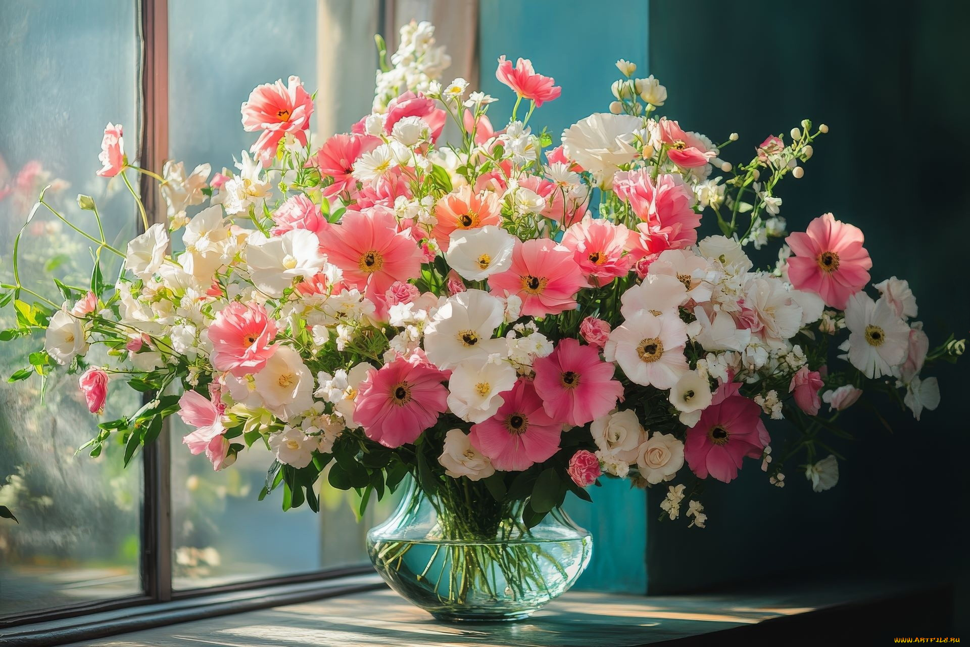 3д, графика, цветы, , flowers, окно, ваза, букет