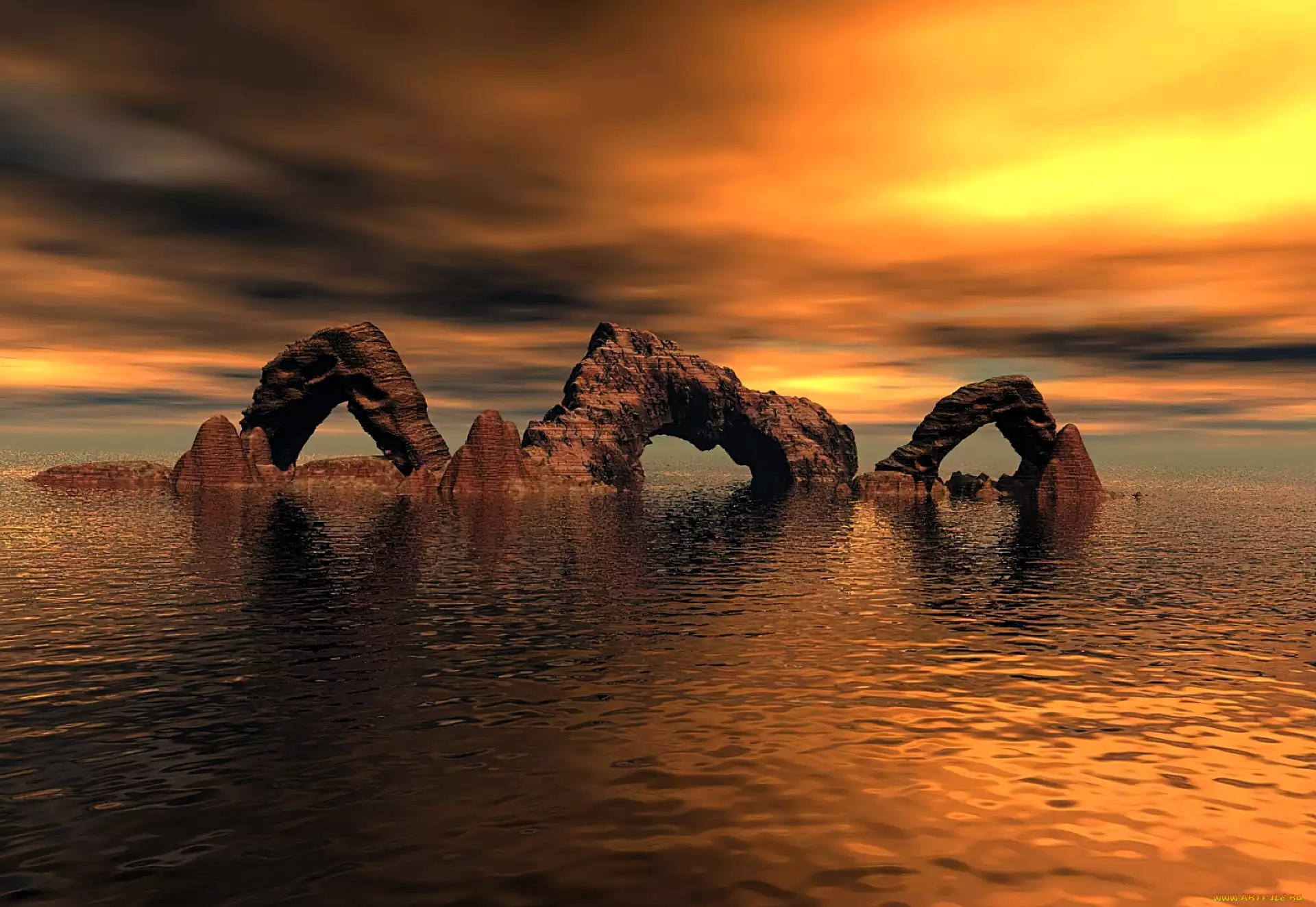 3д, графика, природа, , nature, скалы, арки, камни, море, закат