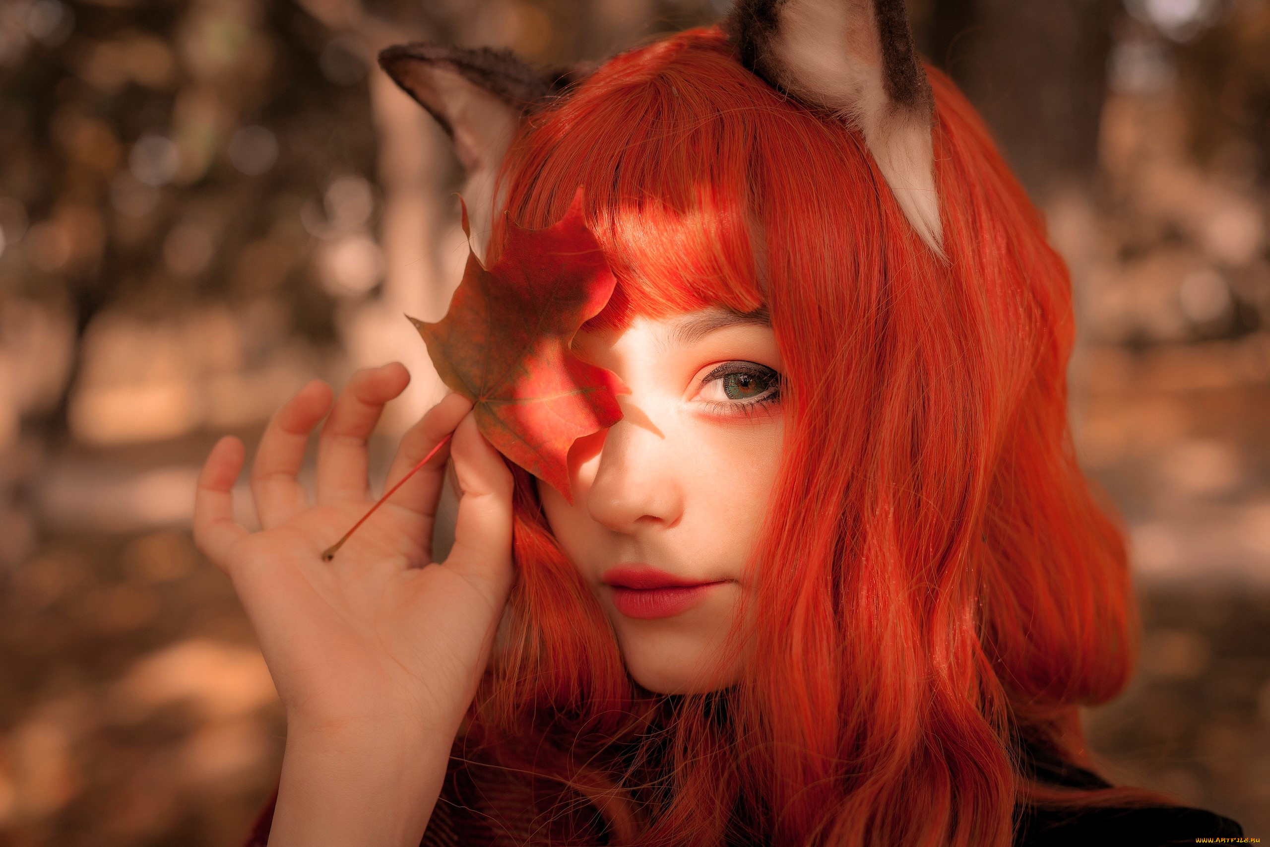 девушки, tenletters, образ, косплей, костюм, рыжая, ушки, листок, осень