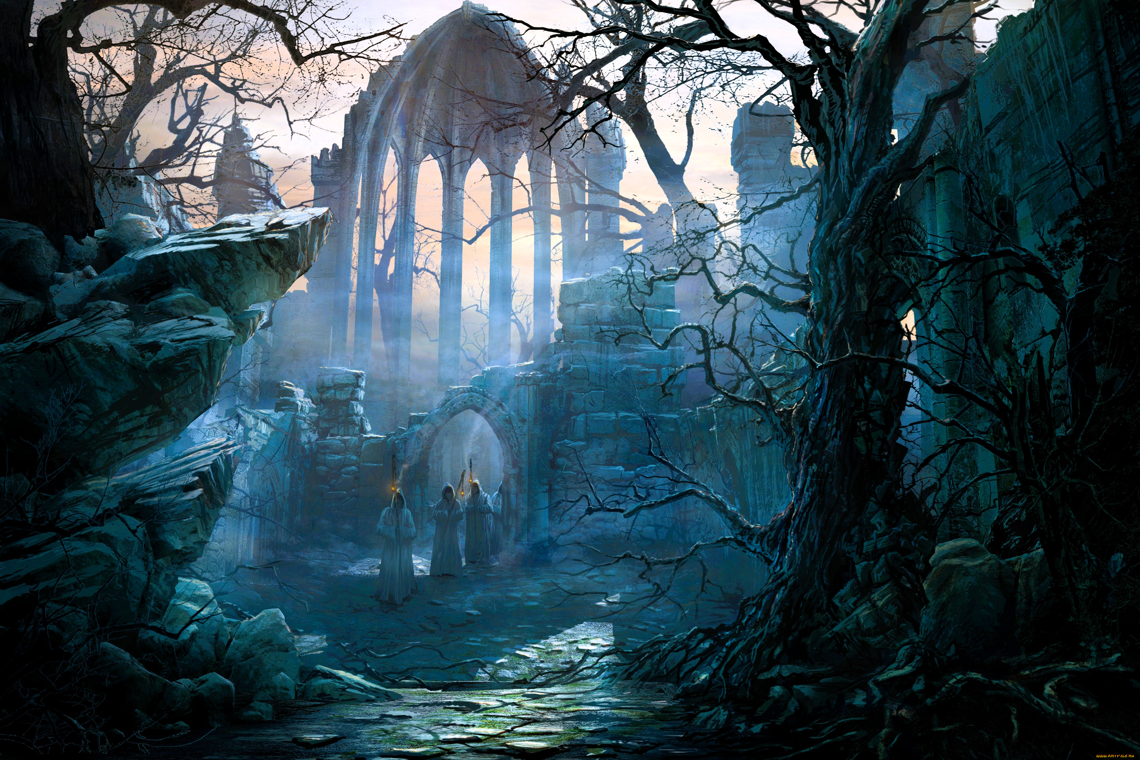 фэнтези, _lord, of, the, rings, развалины, храм, люди, факелы, церемония, деревья