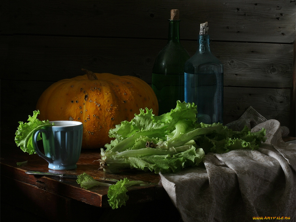ира, быкова, натюрморт, тыквой, салатом, голубой, кружкой, еда