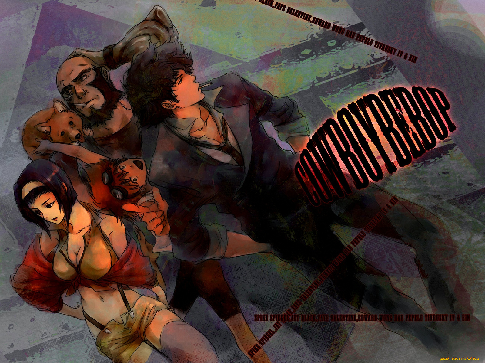 аниме, cowboy, bebop, spike, ed, ein, faye, jet