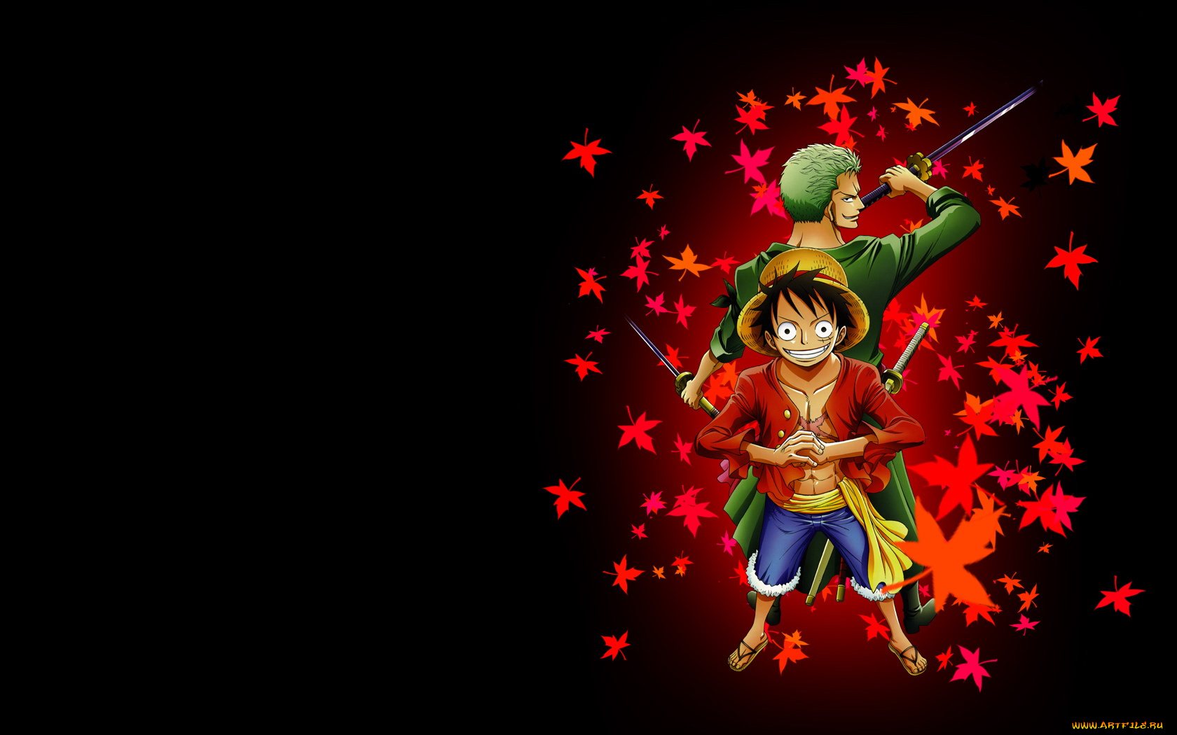 аниме, one, piece, листья, мальчики, monkey, d, luffy, roronoa, zoro