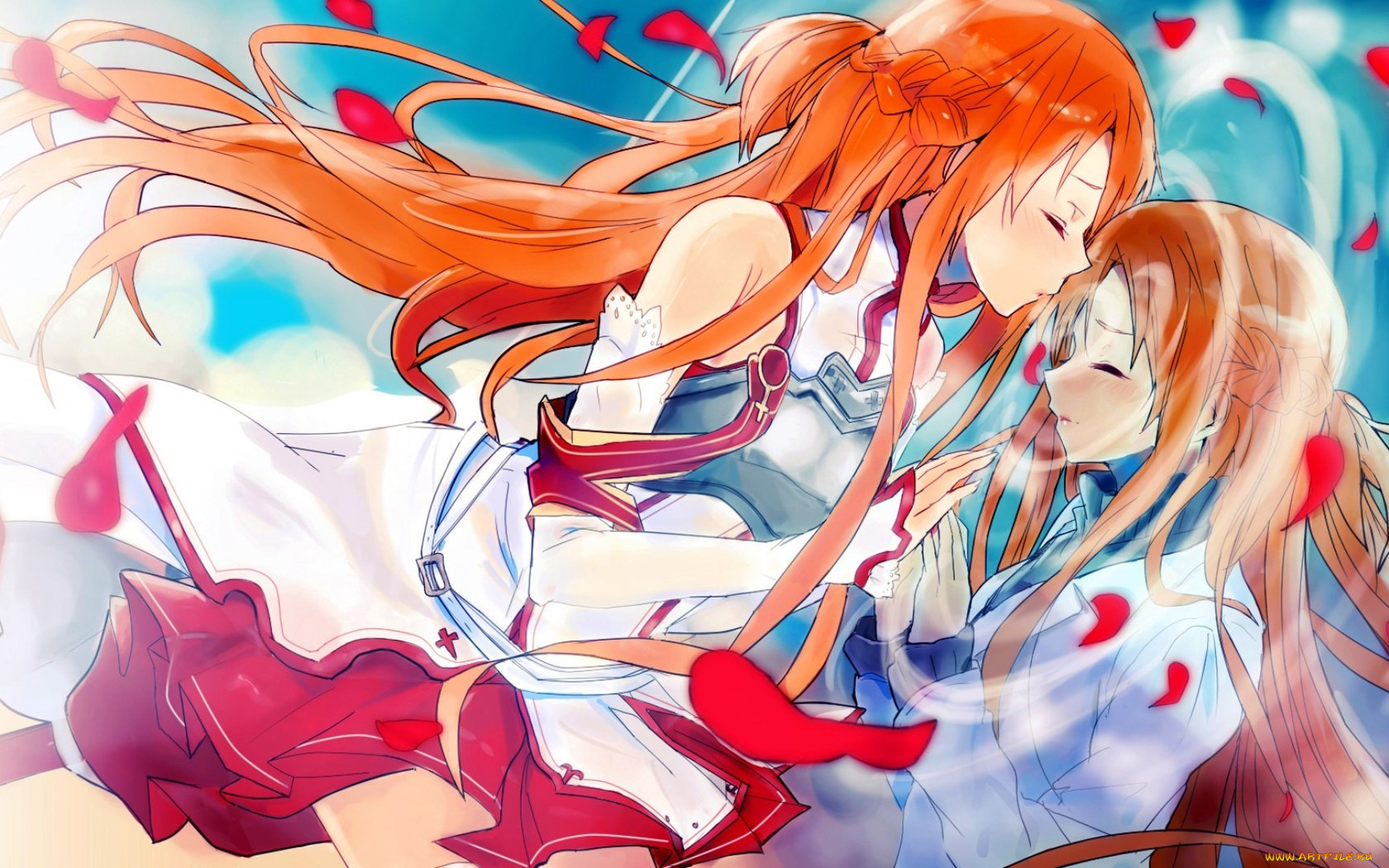 аниме, sword, art, online, лепестки, поцелуй, мастера, меча, онлайн, зазеркалье