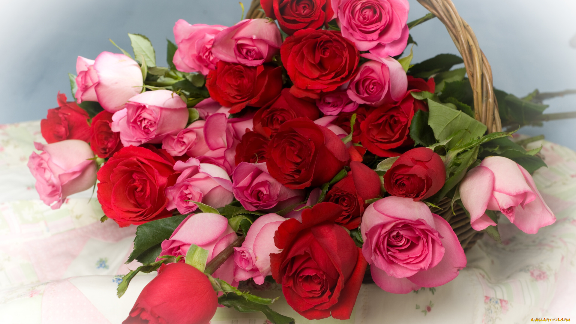 цветы, розы, красный, розовый, букет, корзинка