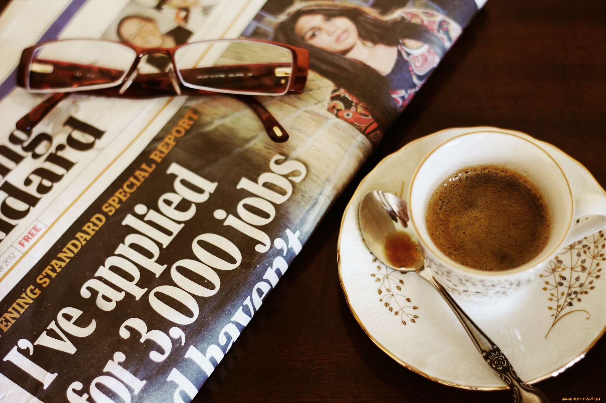 еда, кофе, кофейные, зёрна, очки, газета, ложка