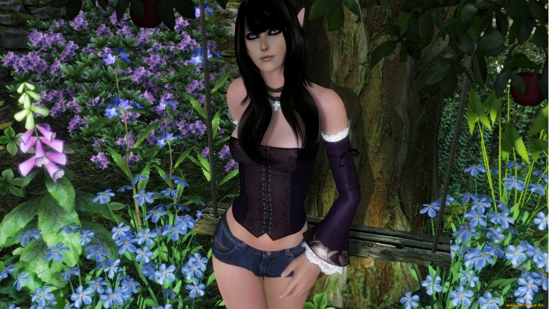 3д, графика, elves, , эльфы, цветы, эльфийка