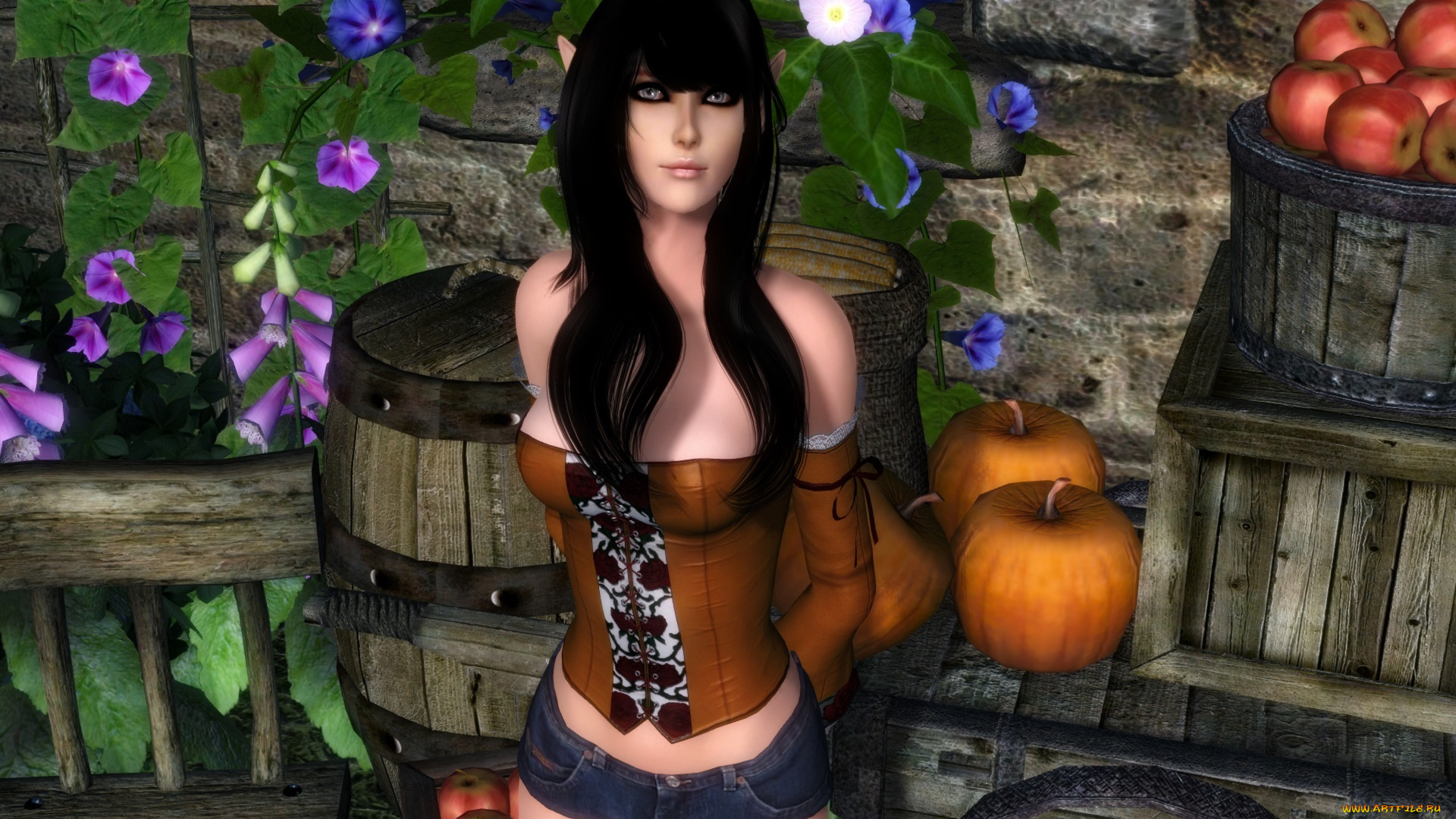 3д, графика, elves, , эльфы, фрукты, цветы, взгляд, эльфийка