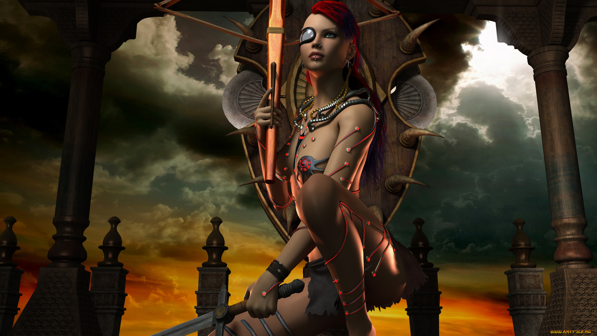 3д, графика, fantasy, , фантазия, девушка, меч, арбалет, оружие, колонны