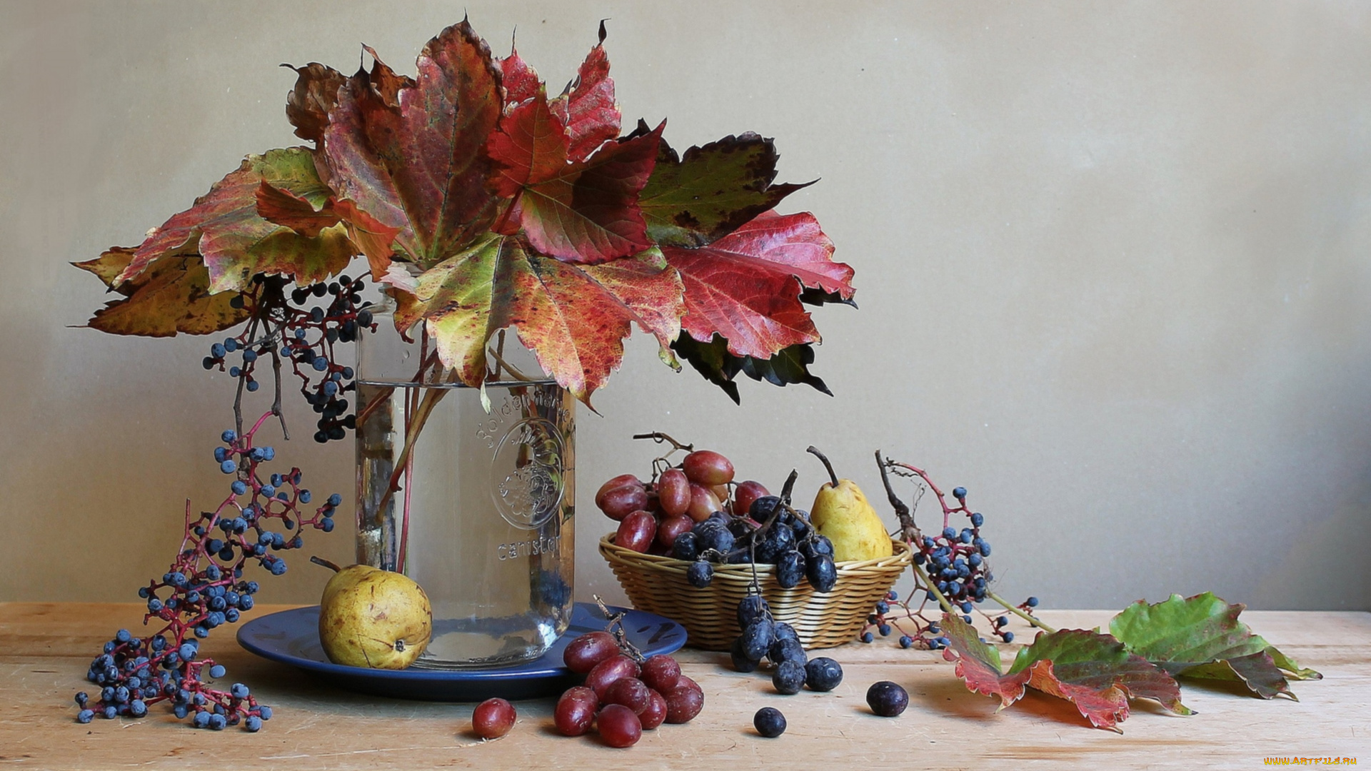 еда, фрукты, , ягоды, виноград, груша, листья