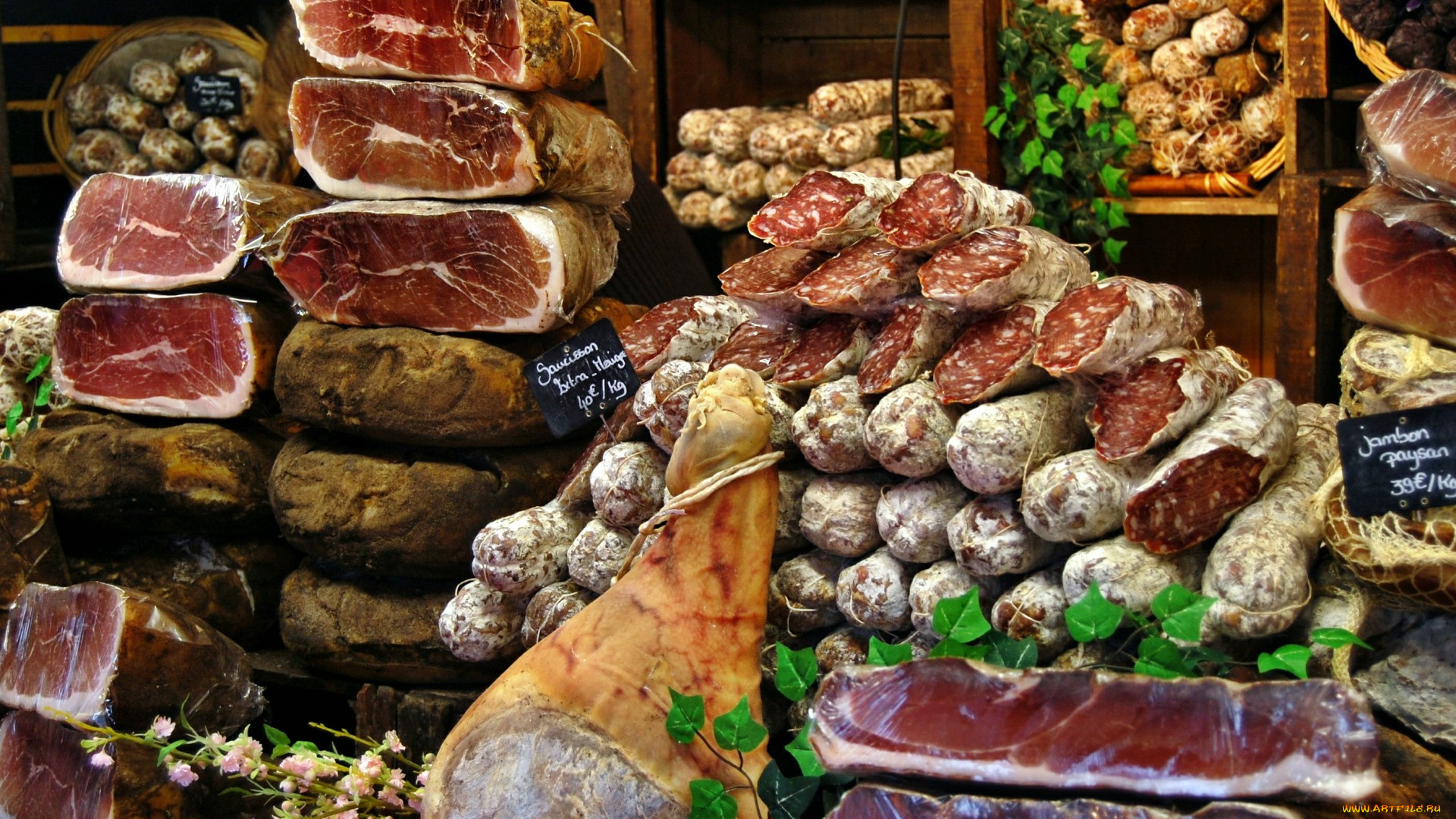 еда, колбасные, изделия, окорок, прилавок, колбаса, мясо