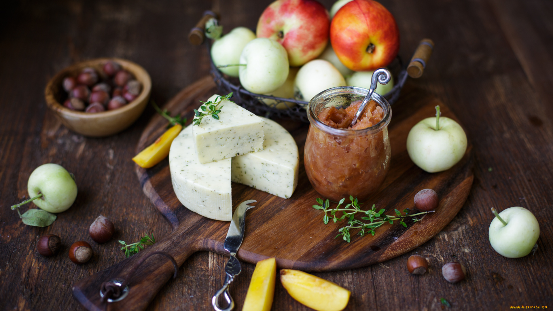 еда, разное, фундук, джем, яблоки, сыр