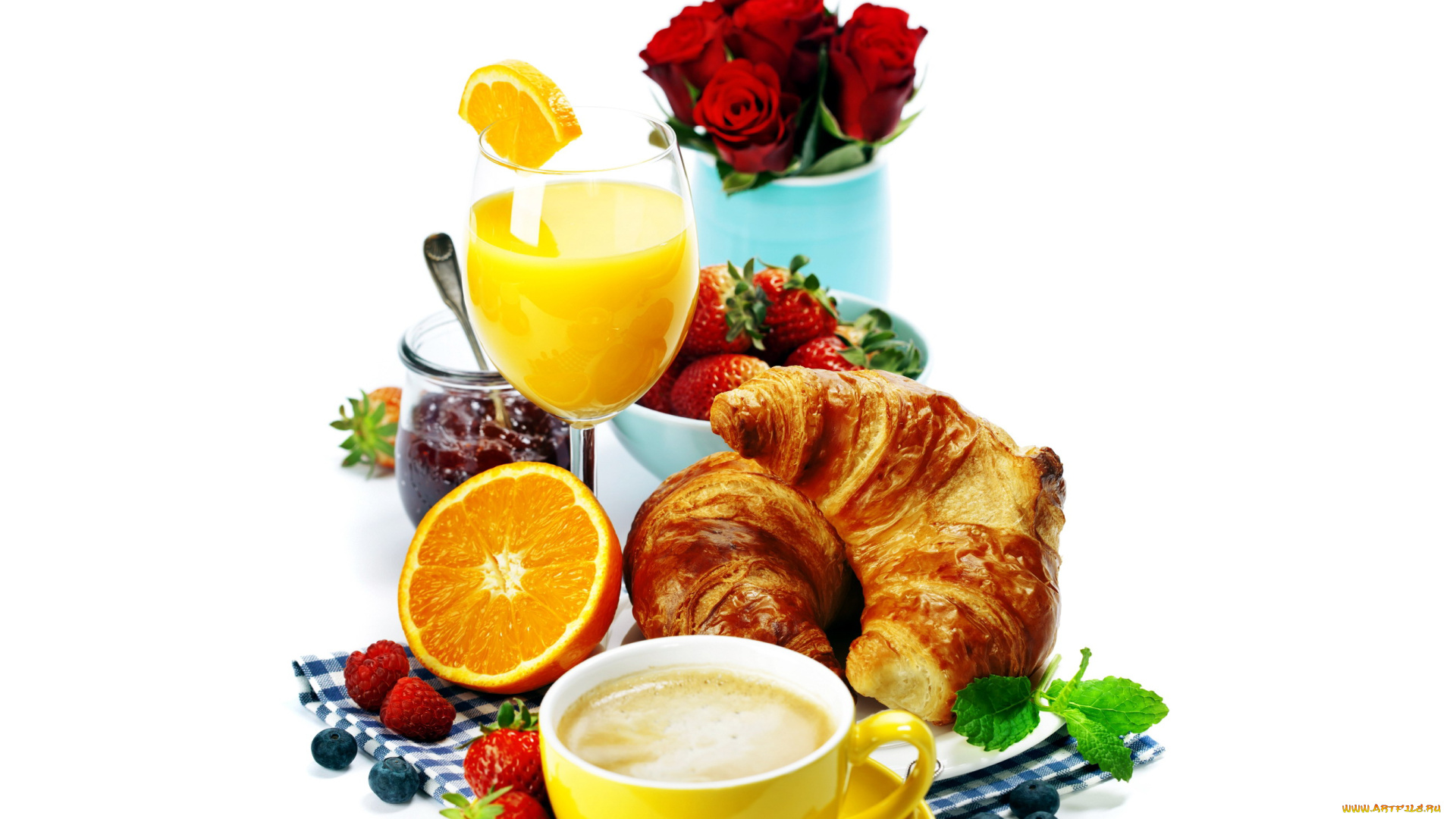 еда, разное, клубника, варенье, ягоды, розы, круассаны, сок, кофе