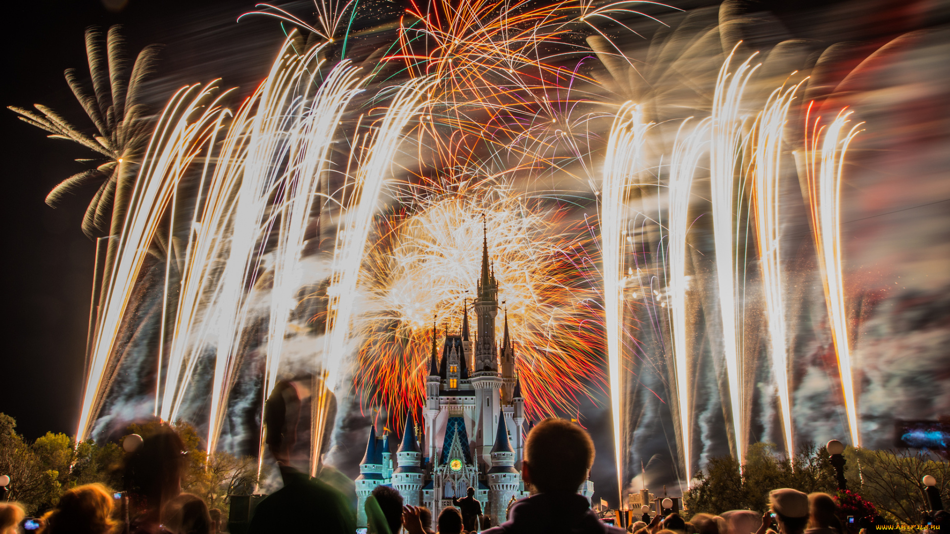 города, диснейленд, фейерверк, силуэты