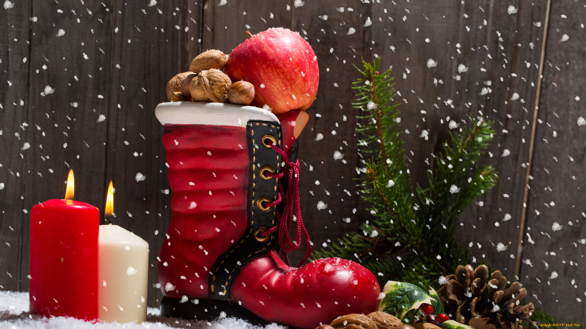 праздничные, подарки, и, коробочки, шишки, свечи, снег, елка, орехи, яблоко, сапог