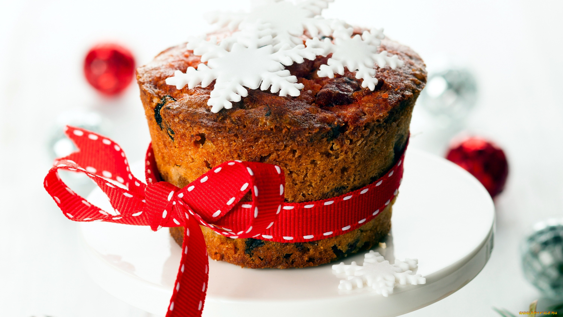 праздничные, угощения, снежинки, лента, бант, пирог