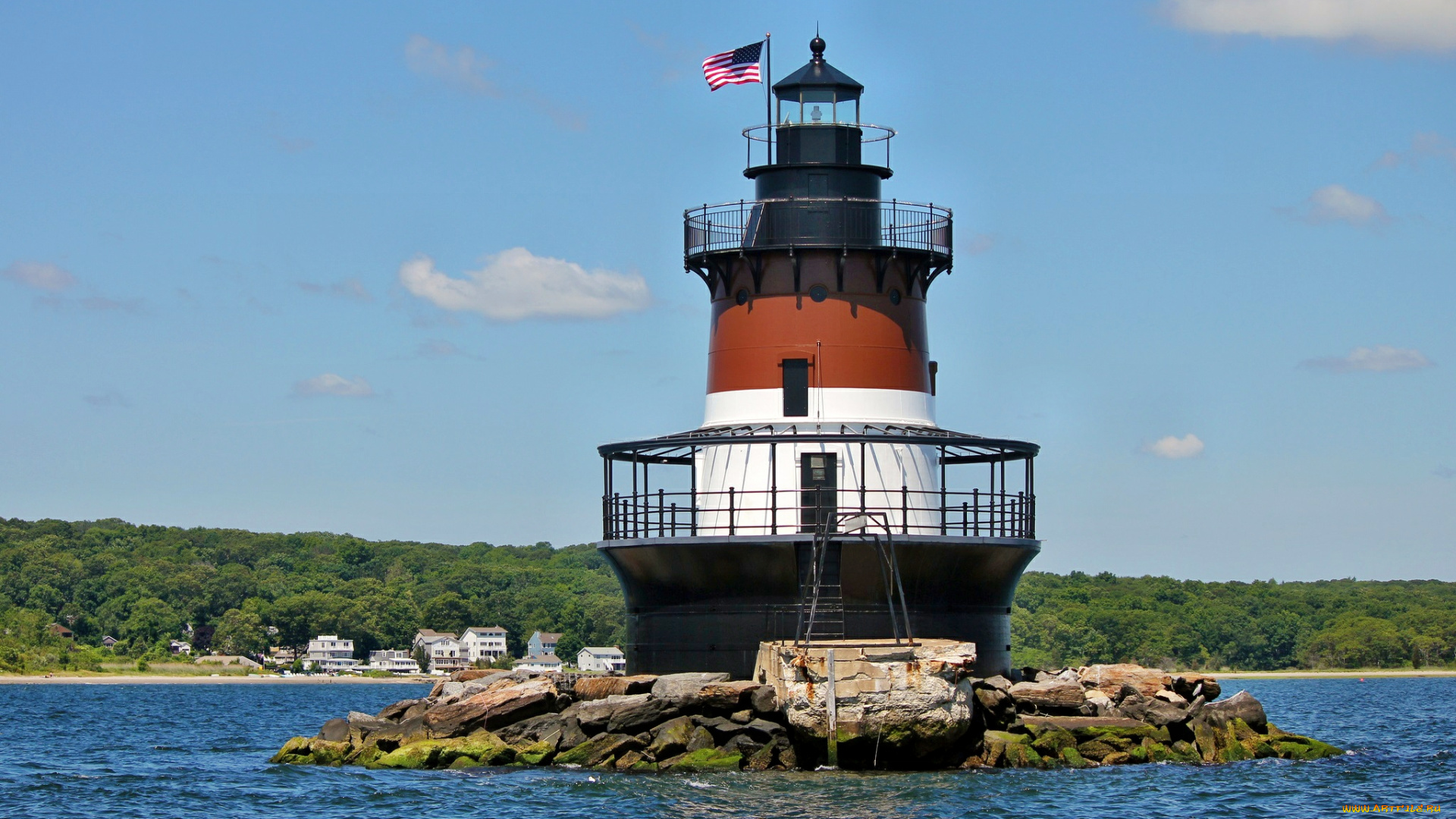 природа, маяки, флаг, маяк, островок