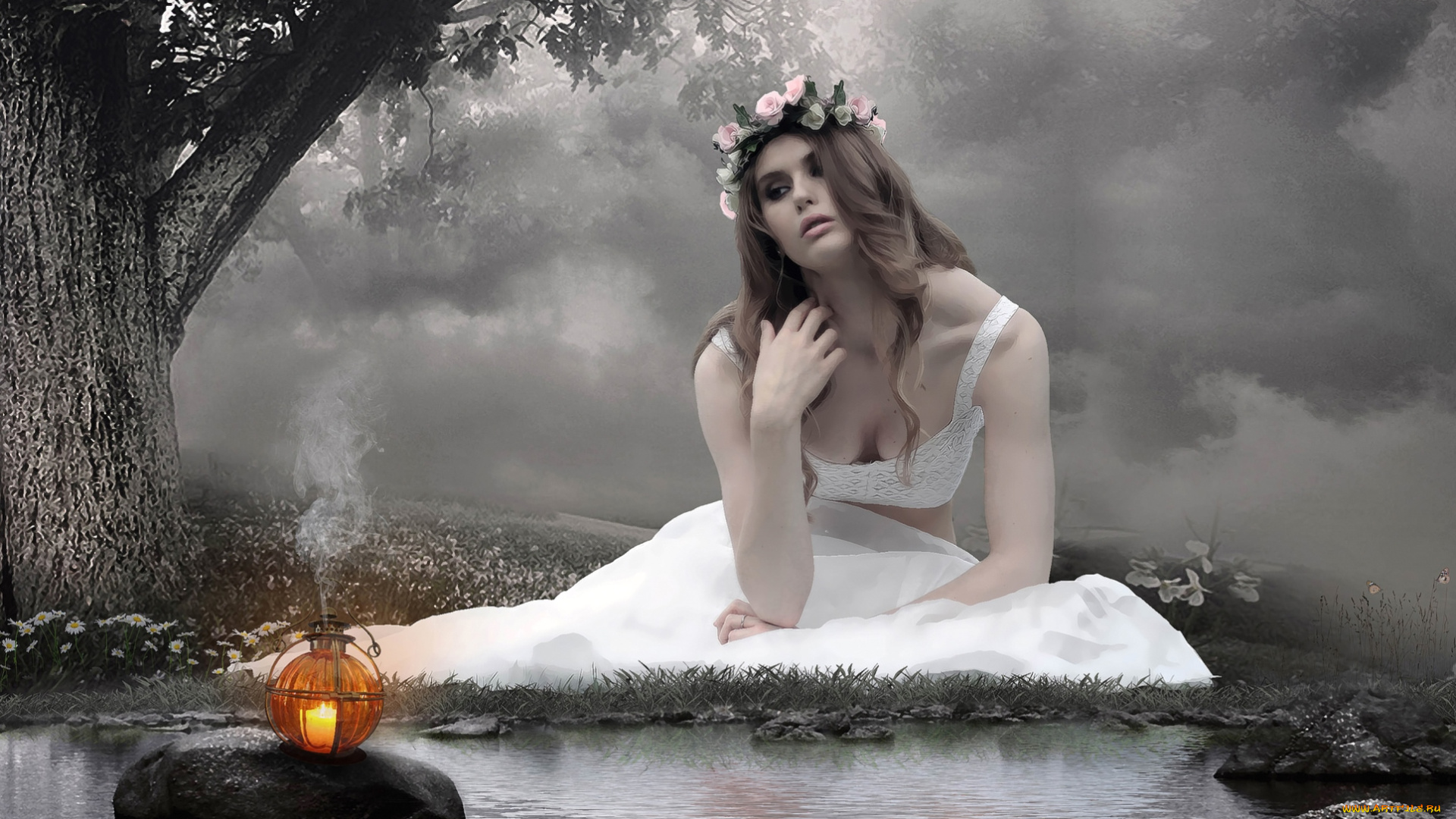разное, компьютерный, дизайн, река, венок, девушка