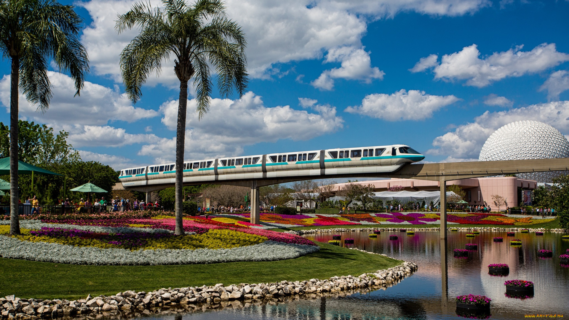 техника, поезда, речка, парк, поезд, монорельс, эстакада