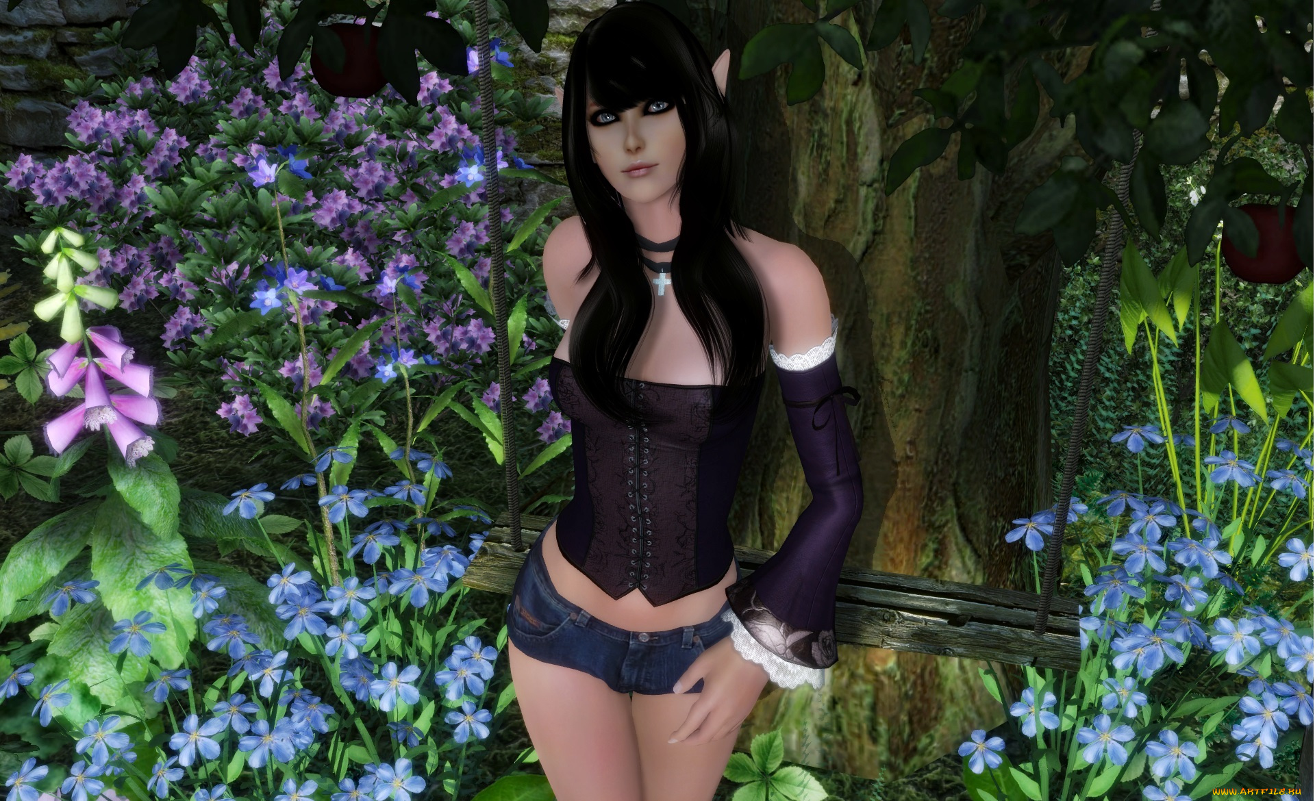 3д, графика, elves, , эльфы, цветы, эльфийка