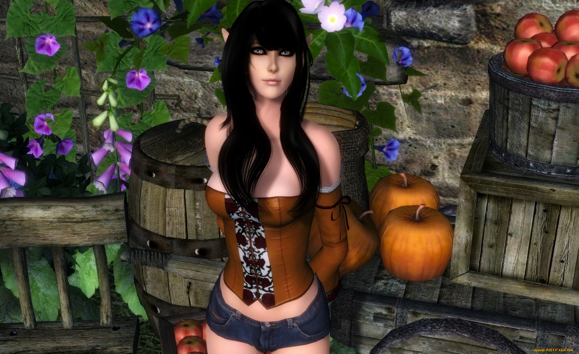 3д, графика, elves, , эльфы, фрукты, цветы, взгляд, эльфийка