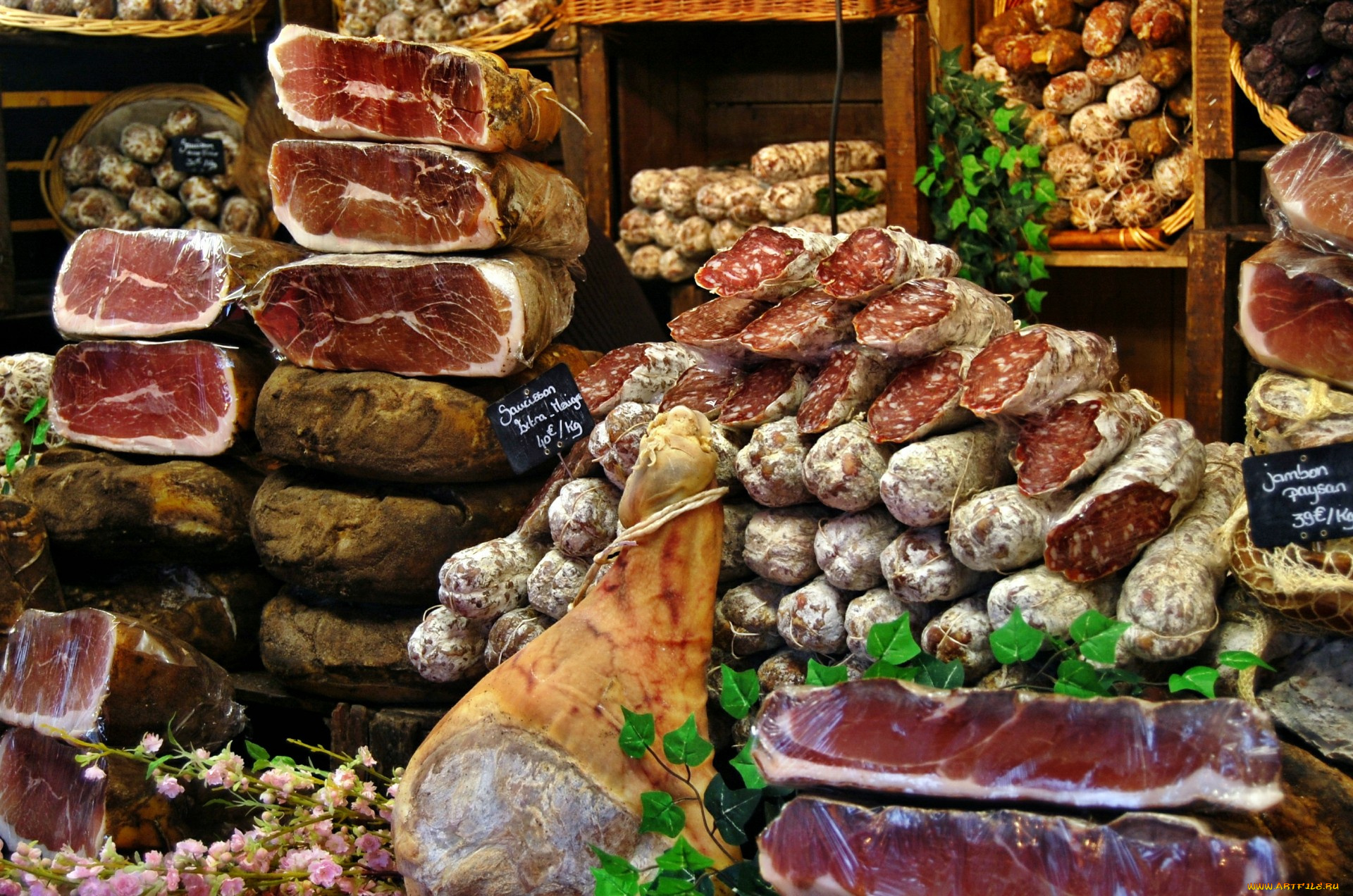 еда, колбасные, изделия, окорок, прилавок, колбаса, мясо