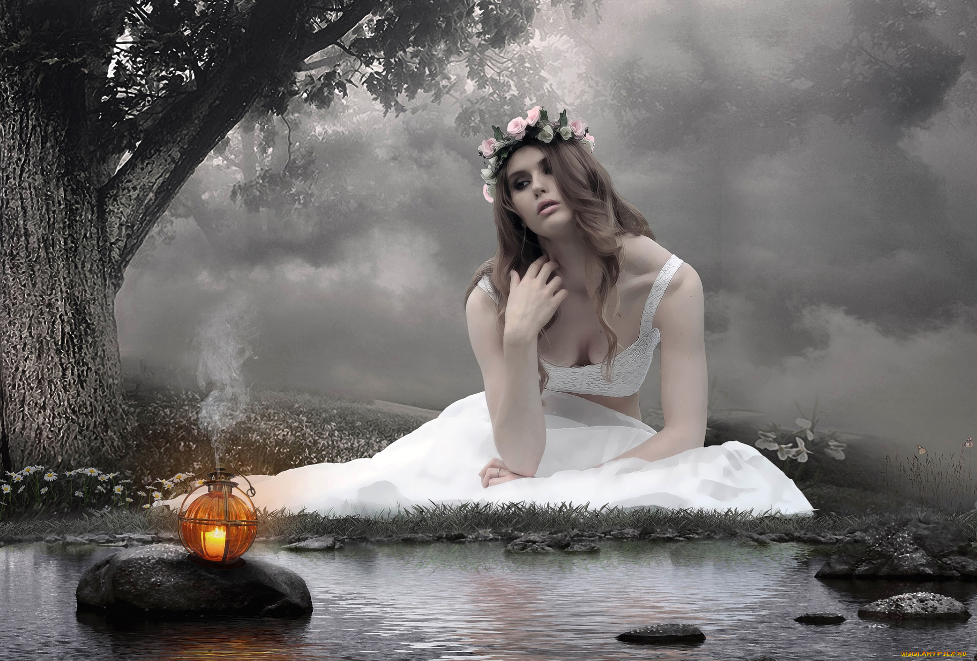 разное, компьютерный, дизайн, река, венок, девушка