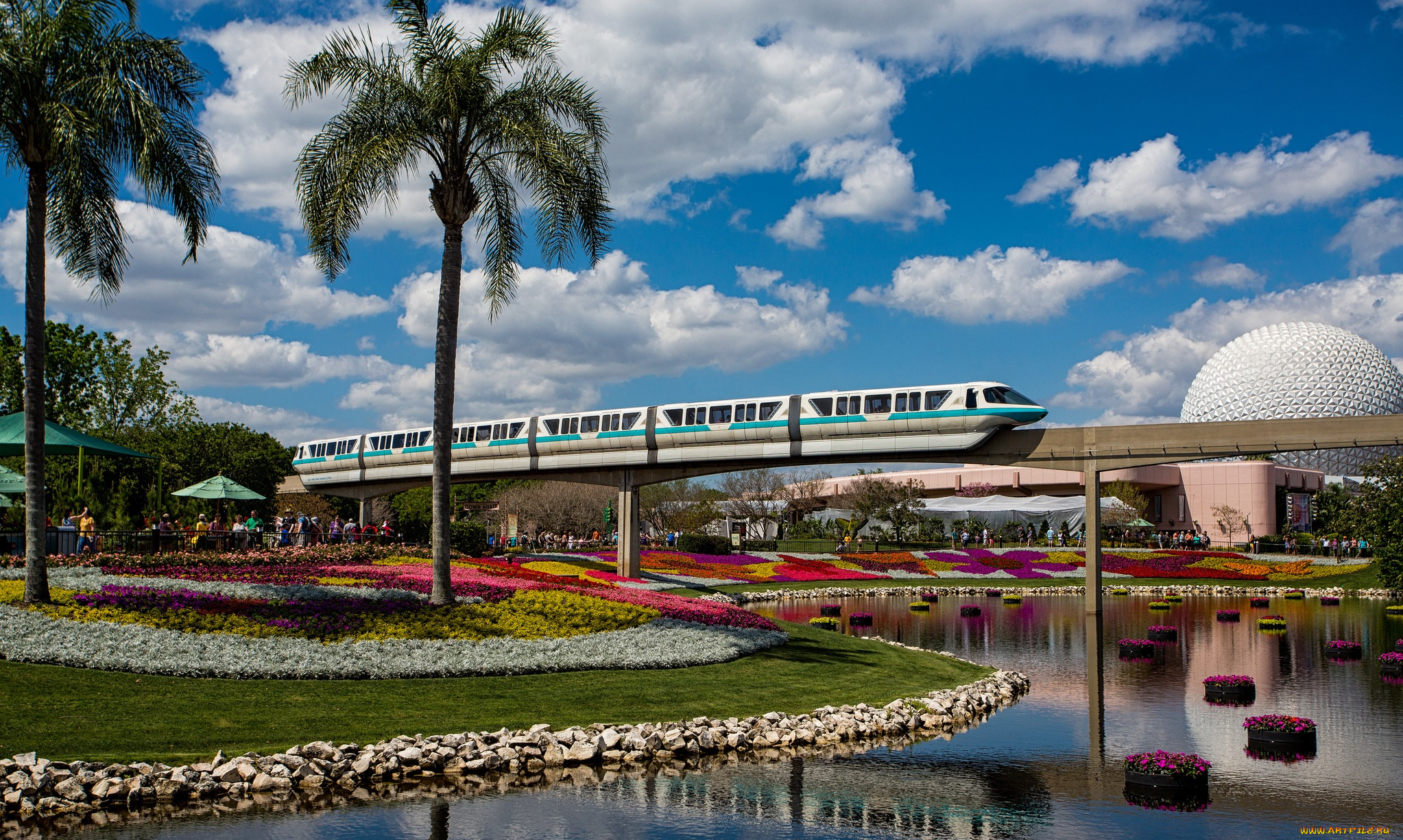 техника, поезда, речка, парк, поезд, монорельс, эстакада