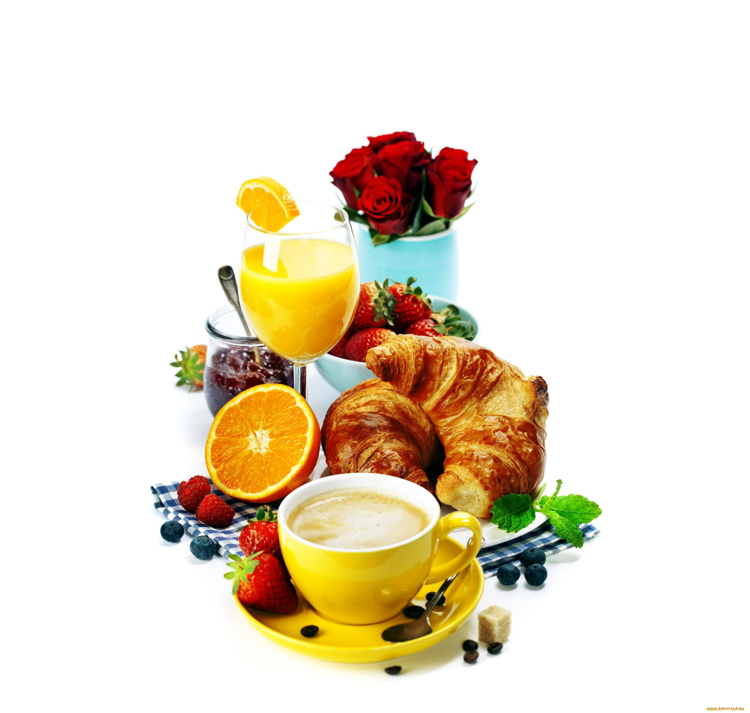 еда, разное, клубника, варенье, ягоды, розы, круассаны, сок, кофе