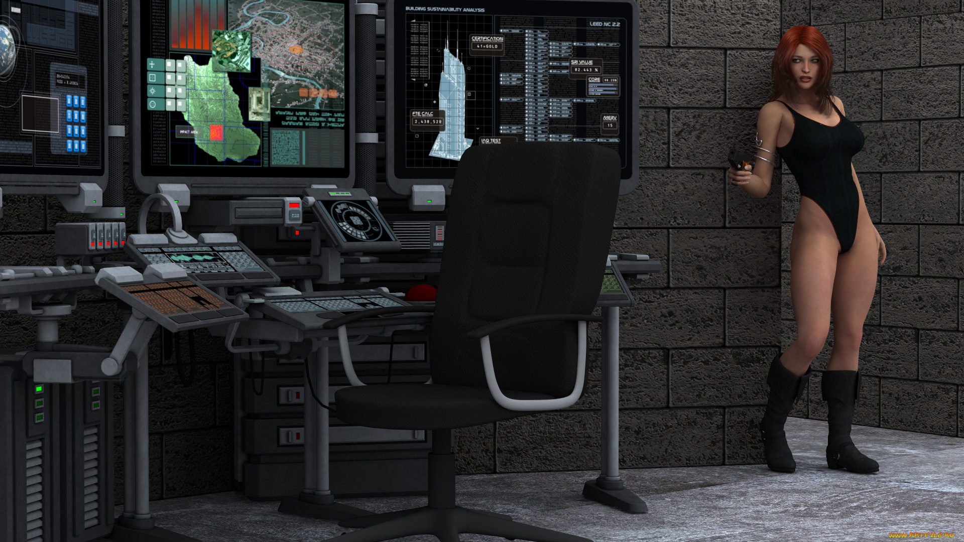 3д, графика, фантазия, , fantasy, оружие, фон, взгляд, девушка, пульт