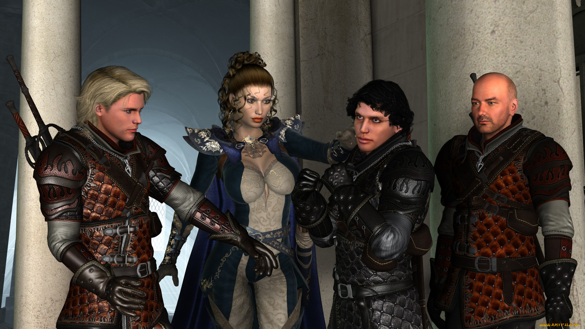 3д, графика, фантазия, , fantasy, взгляд, девушка, мужчины, оружие, фон