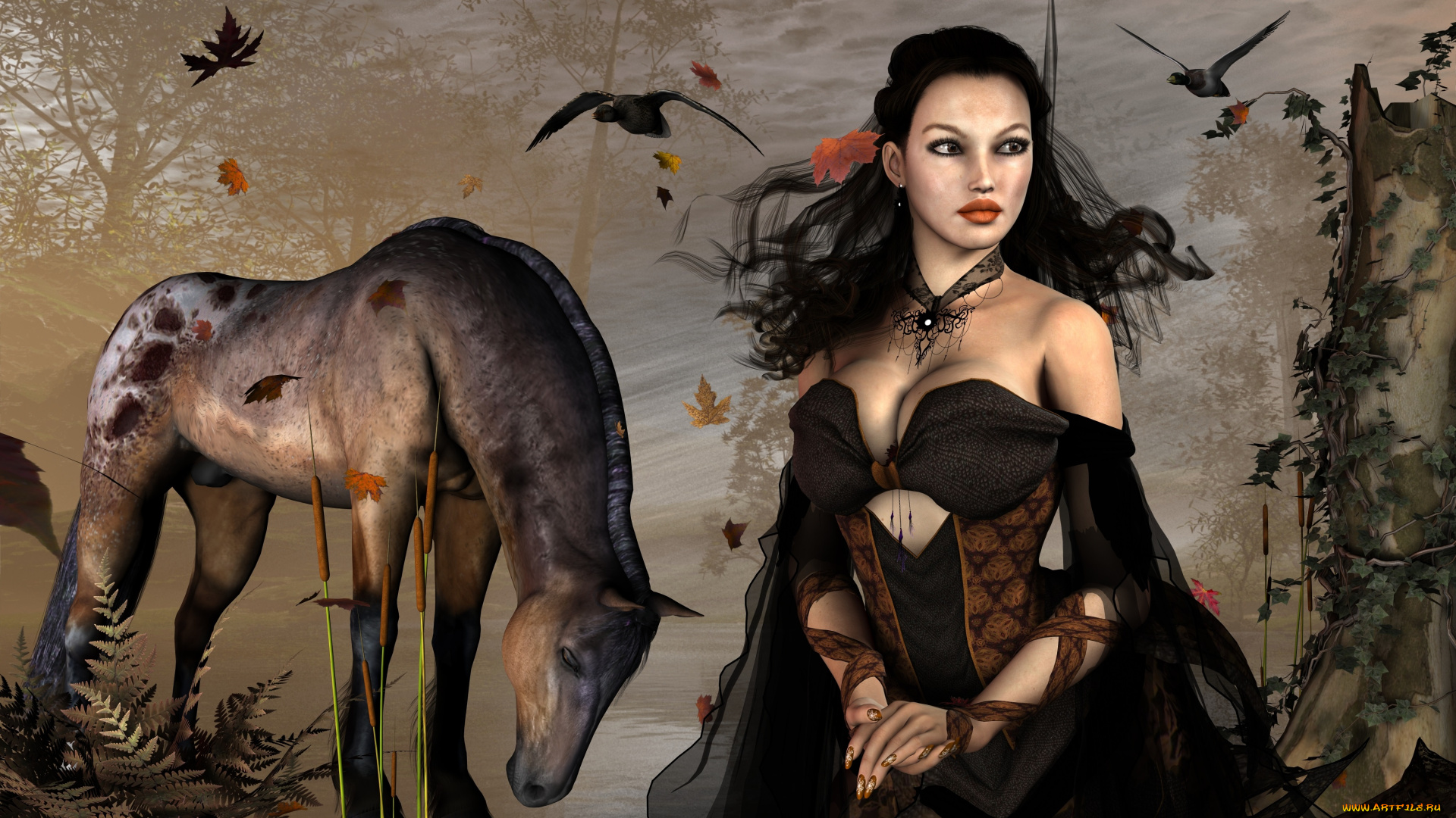 3д, графика, люди, , people, взгляд, девушка, природа, птицы, лошадь, фон