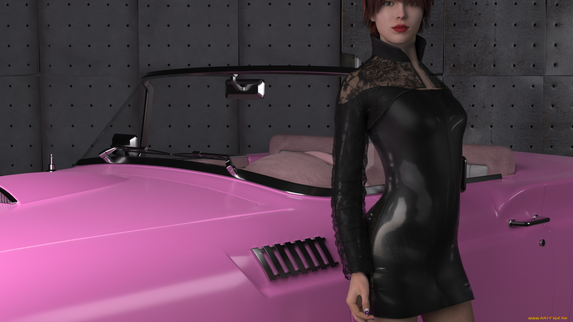 автомобили, 3d, car&girl, девушка, автомобиль, рыжая, фон, взгляд