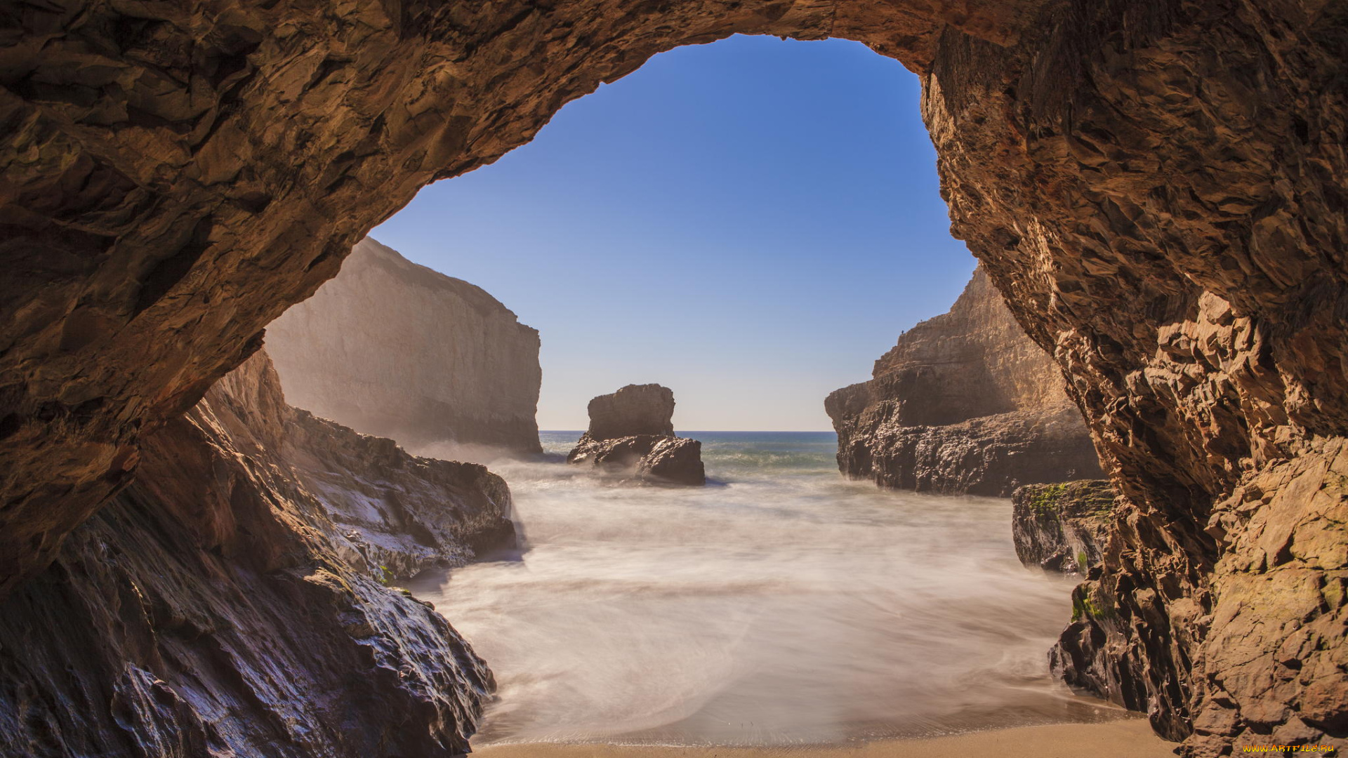 природа, побережье, shark, fin, cove, coast, davenport, highway, natural, bridge, santa, cruz, скалы, океан, пещера, пляж, beach, california