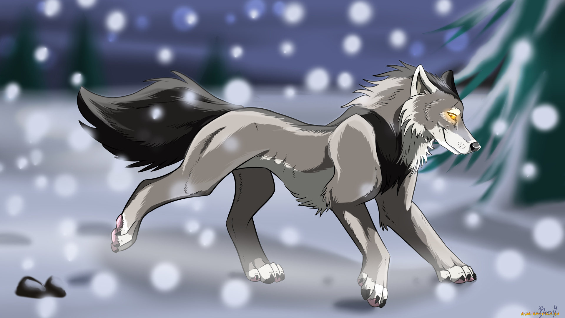 рисованное, животные, , волки, снег, волк, зима